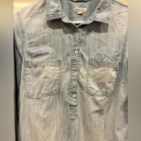 Merona Denim Chambray Washed Out Popover Shirt size Medium Western Coastal - Picture 3 of 6